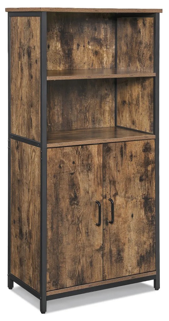 Armário de chão VASAGLE, armário de armazenamento, armário de cozinha com 2 compartimentos abertos, 1 prateleira ajustável atrás das portas, multifuncional, estilo industrial, marrom rústico e preto LSC66BX