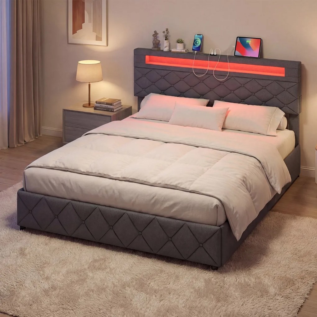 Estrutura de cama 160x200 cm (COLCHÃO NÃO INCLUIDO) com LED USB, estofado, gavetas, cabeceira ajustável, espaço de arrumação, ripas de madeira, não ne