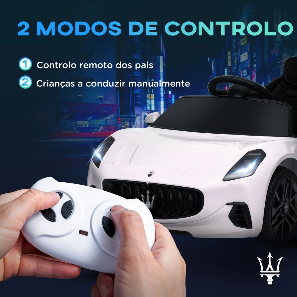 Carro Elétrico para Crianças Maserati Gran Turismo Folgore 12V Controlo Remoto Faróis Buzina e Música MP3 98x59x43 cm Branco