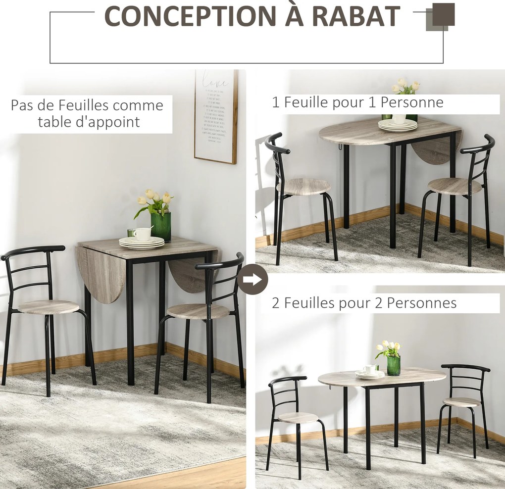 Conjunto de mesa oval extensível e 2 cadeiras – mesa com abas – metal e MDF – preto e natural