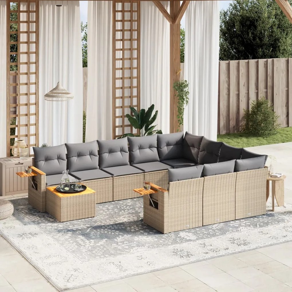 11 pcs conjunto sofás de jardim c/ almofadões vime PE bege