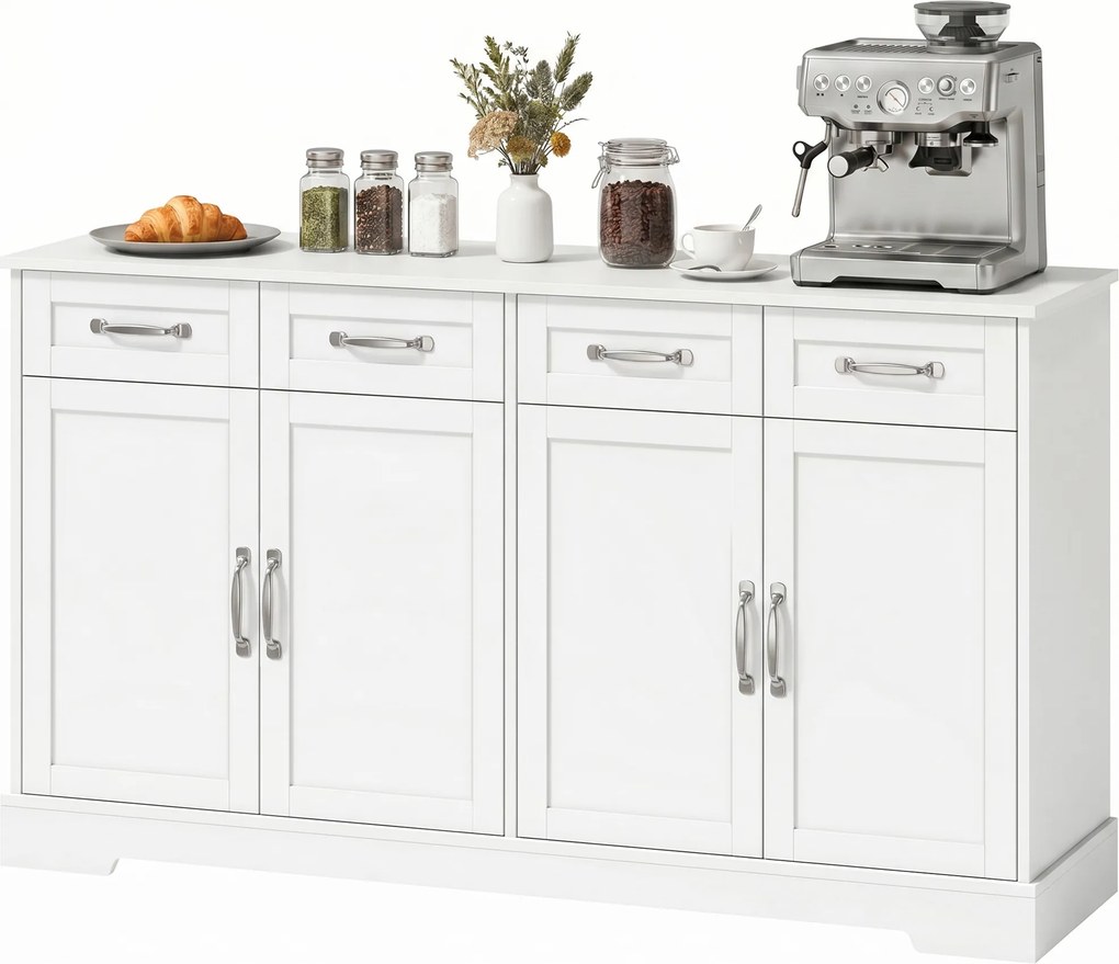Móvel de Cozinha Shaker, 140 x 38 x 80 cm, 4 Gavetas e 4 Portas, Branco
