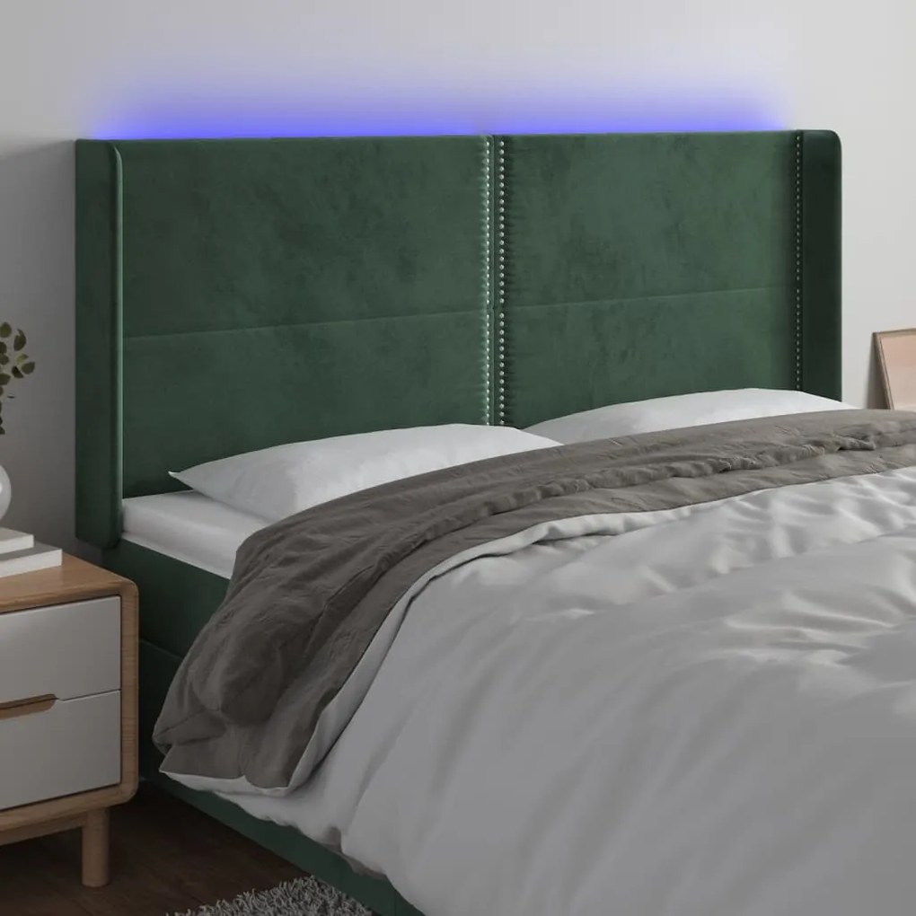 Cabeceira de cama c/ LED veludo 163x16x118/128 cm verde-escuro