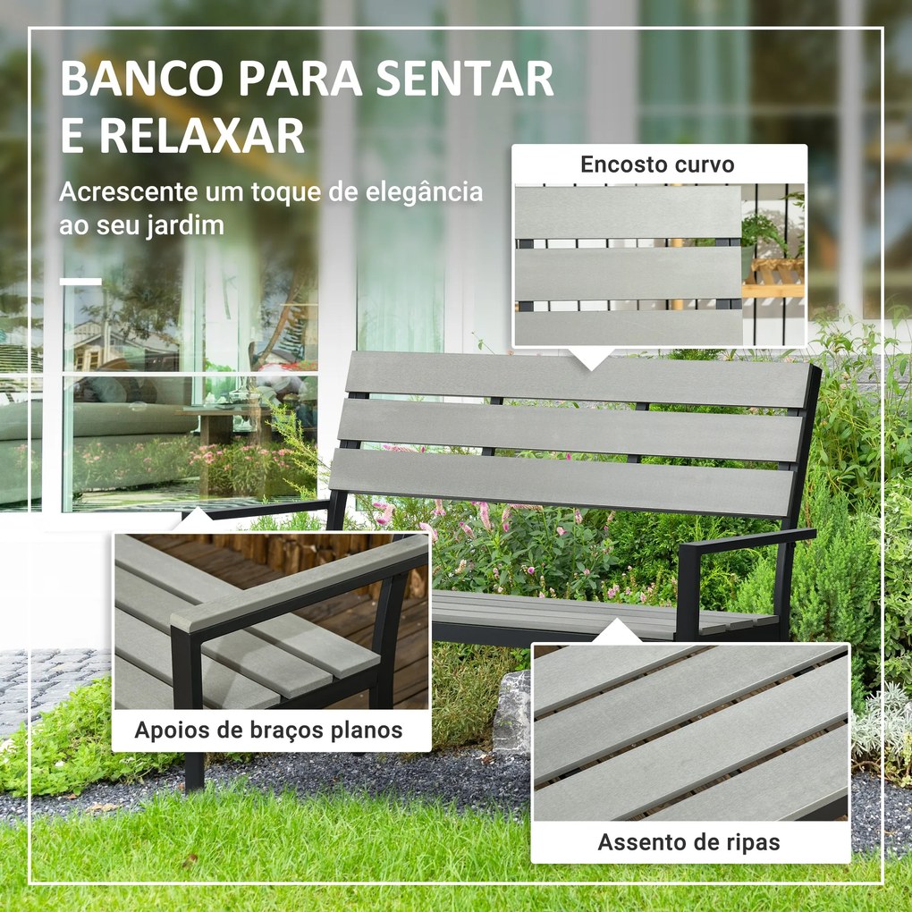 Outsunny Banco de Jardim 2 Lugares Banco para Exterior com Encosto Apoio para os Braços e Estrutura de Aço para Varanda Pátio Carga 240 kg 122x65x92 cm Cinza