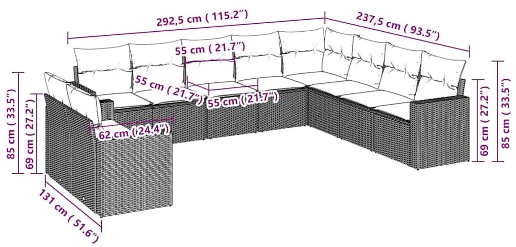 10 pcs conj. sofás jardim com almofadões vime PE cinzento-claro