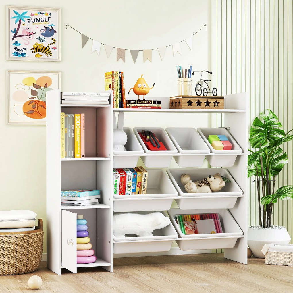 Móvel de arrumação para crianças dos 3 aos 8 anos 112,5 L x 30 P x 100 A cm, arrumação de brinquedos com 8 caixas removíveis, prateleiras de arrumação