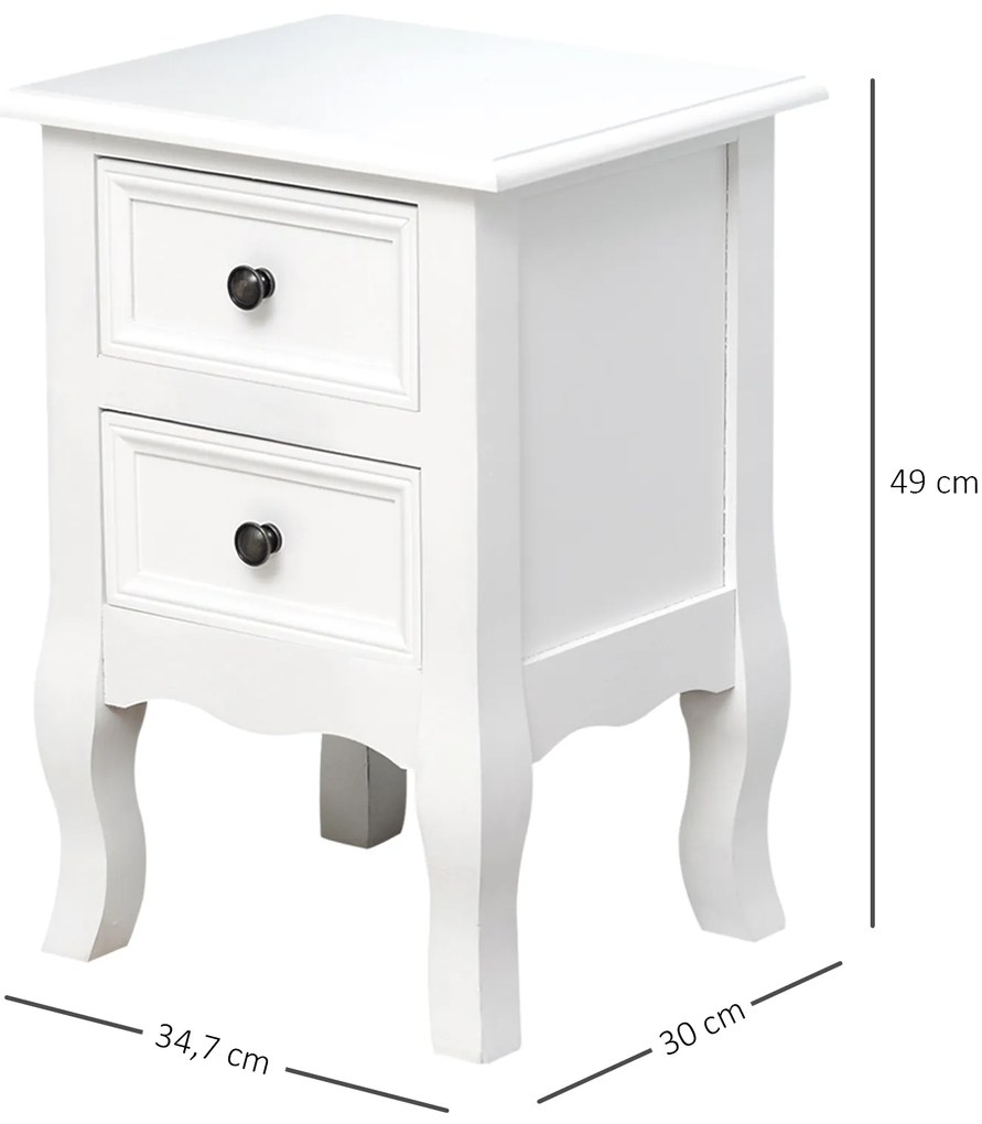 Mesa de cabeceira com 2 gavetas Amplo armazenamento Quarto Branco 34.7x30x9cm