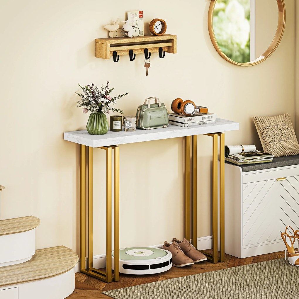 Mesa consola 100 x 30 x 78,5 cm, mesa de entrada, com tampo em imitação de mármore, estrutura em aço, branco e dourado