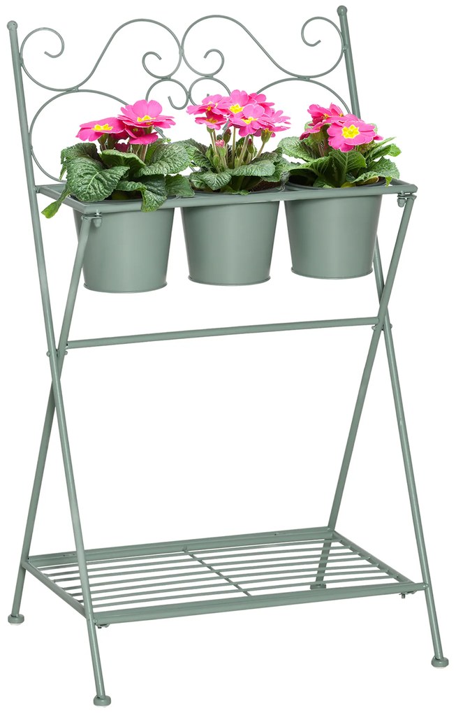 Outsunny Suporte de Metal para Plantas Dobrável com 3 Vasos Incluidos e Prateleira Inferior Suporte para Vasos 47x37x78,5cm Verde | Aosom Portugal