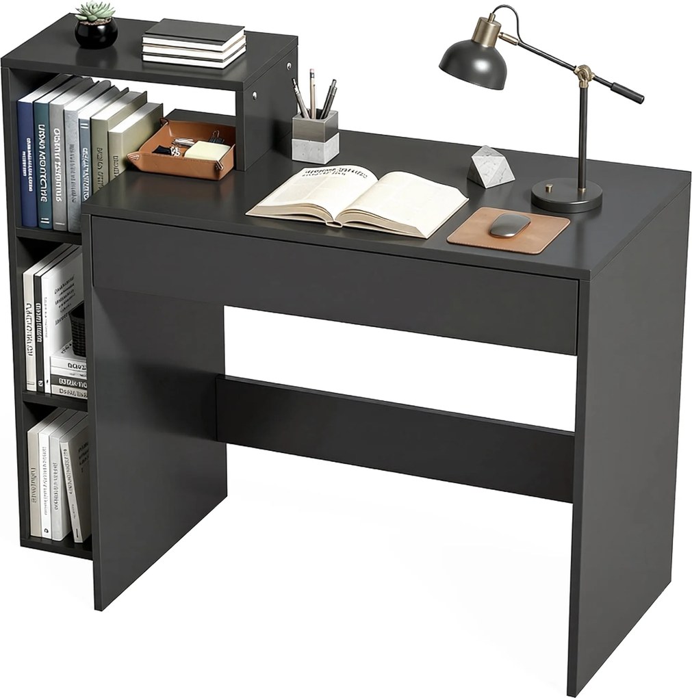 Secretária com arrumação 100 x 40 x 90 cm, secretária para computador com 3 prateleiras e uma gaveta, preta