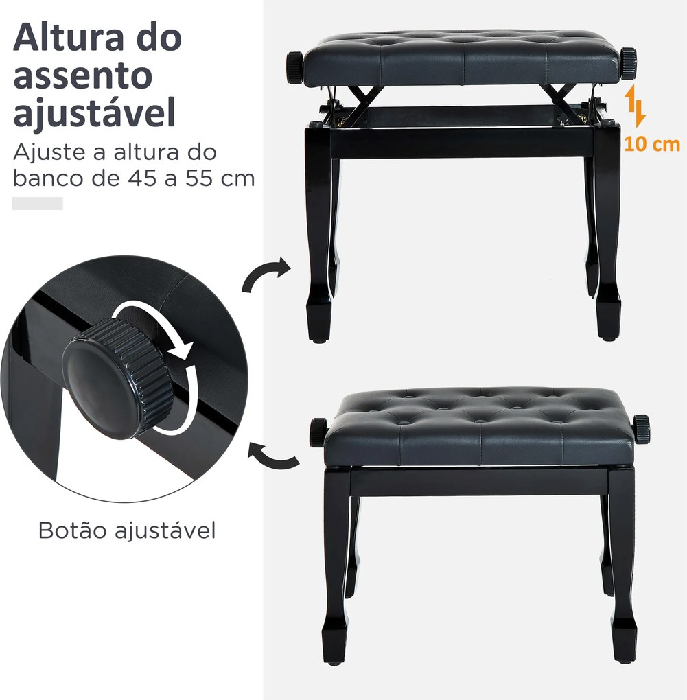 Banco de Piano Altura Ajustável Assento de Couro Sintético Pernas em Madeira 64x35x55 cm Preto
