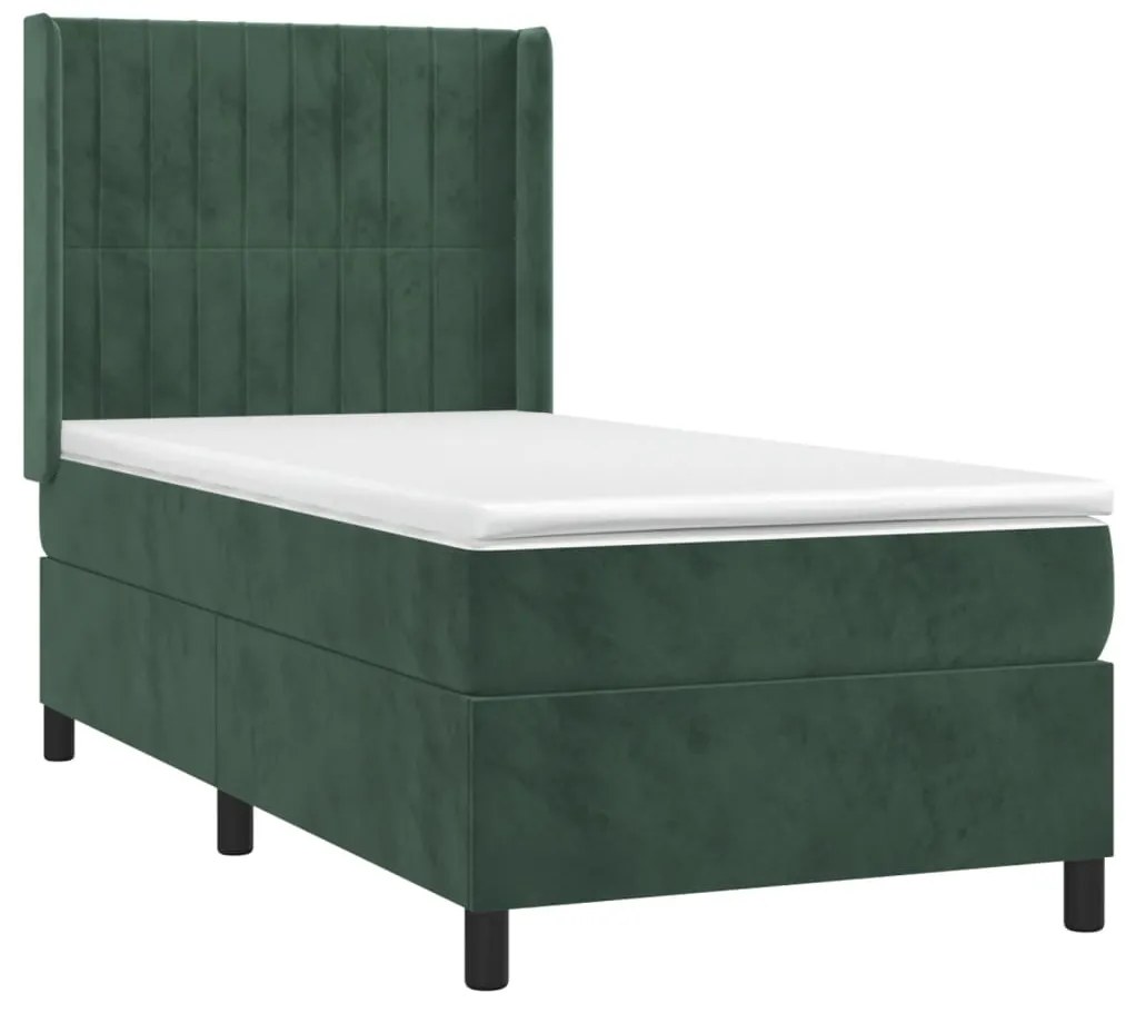 Cama box spring c/ colchão/LED 100x200 cm veludo verde-escuro