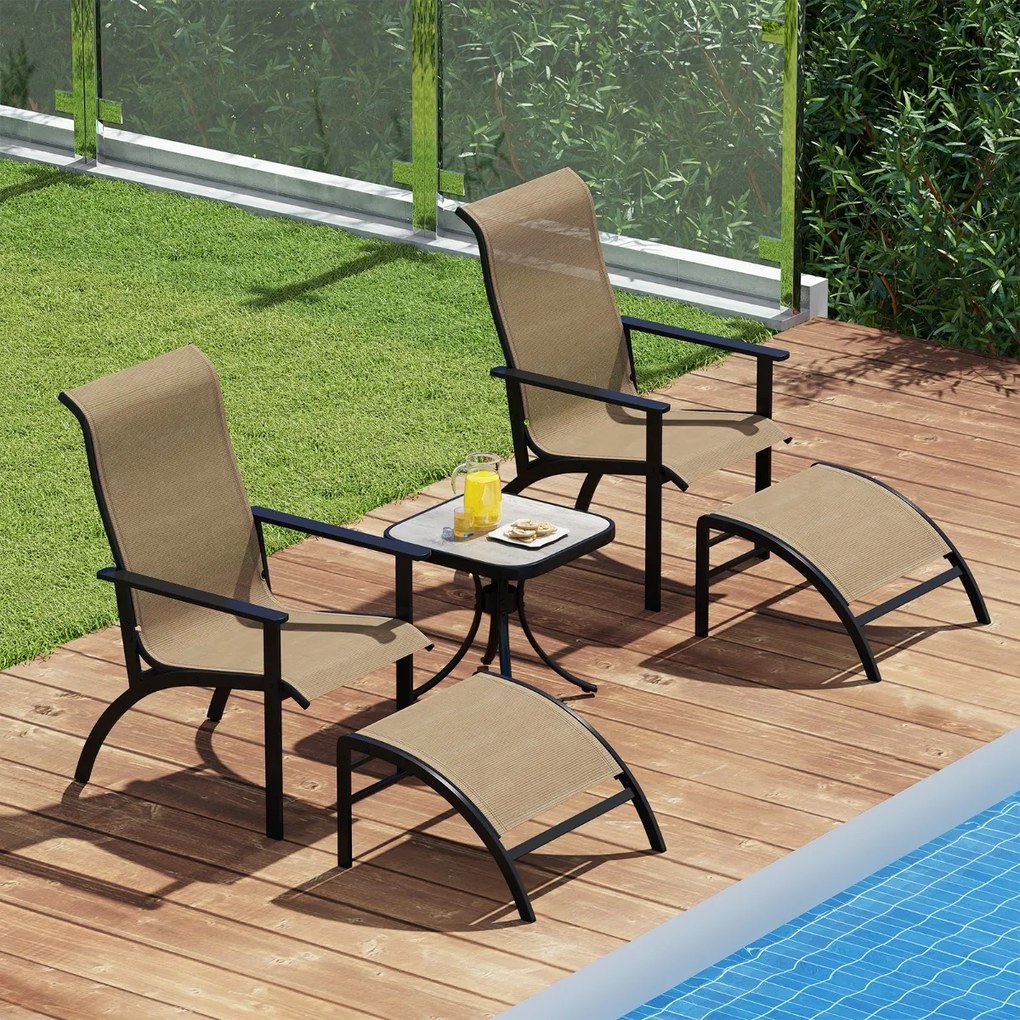 Conjunto de móveis de jardim de 5 peças Cadeiras ergonómicas com apoio para os pés e mesa auxiliar Castanho