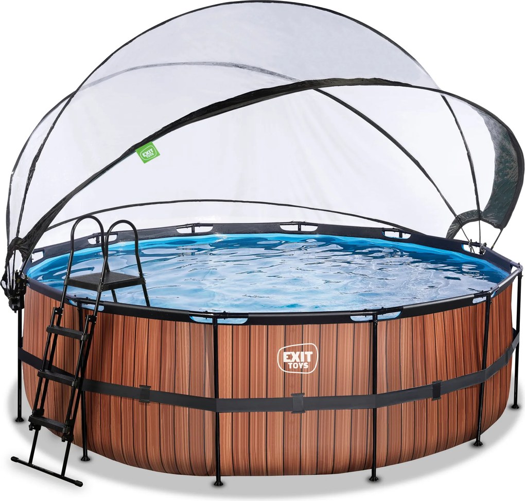 Piscina redonda Wood ø427x122cm com bomba de filtro de areia e cobertura cúpula  - castanha