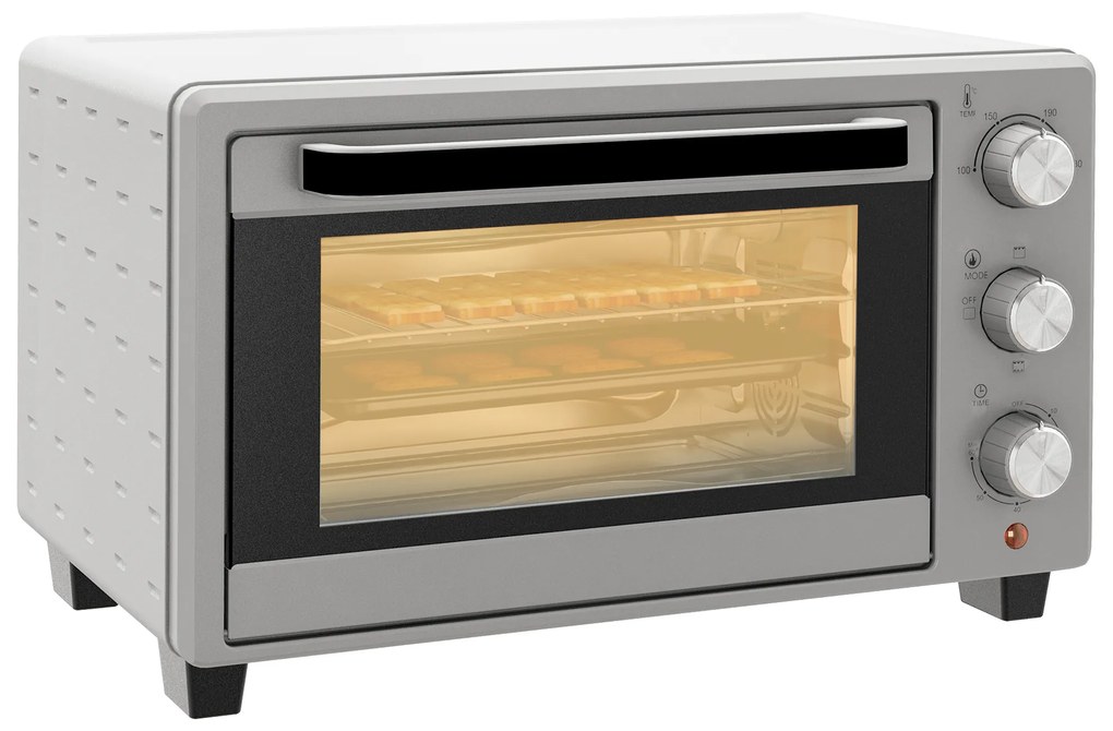 HOMCOM Mini Forno Elétrico 21L 1400W com Temporizador até 60min e Temperatura Ajustável até 230℃ 46x38,5x29 cm Prata | Aosom Portugal