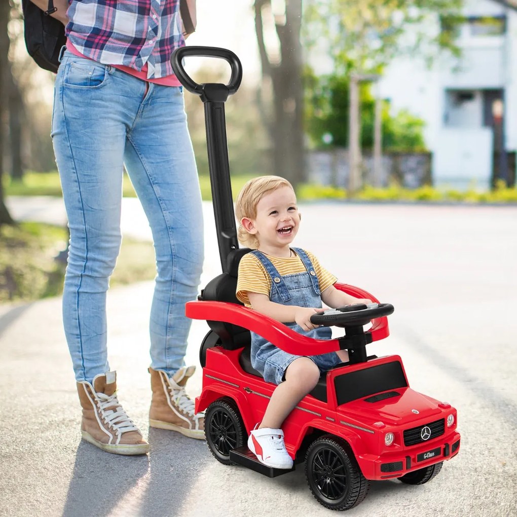 Carro de passeio 3 em 1 para crianças com capota ajustável, alça para os pais, barra de apoio para os braços, som de motor e buzina vermelho