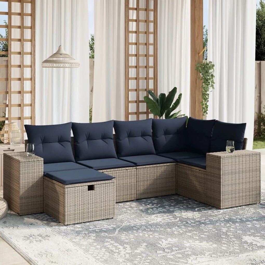 vidaXL 6 pcs conjunto sofás p/ jardim c/ almofadões vime PE cinzento