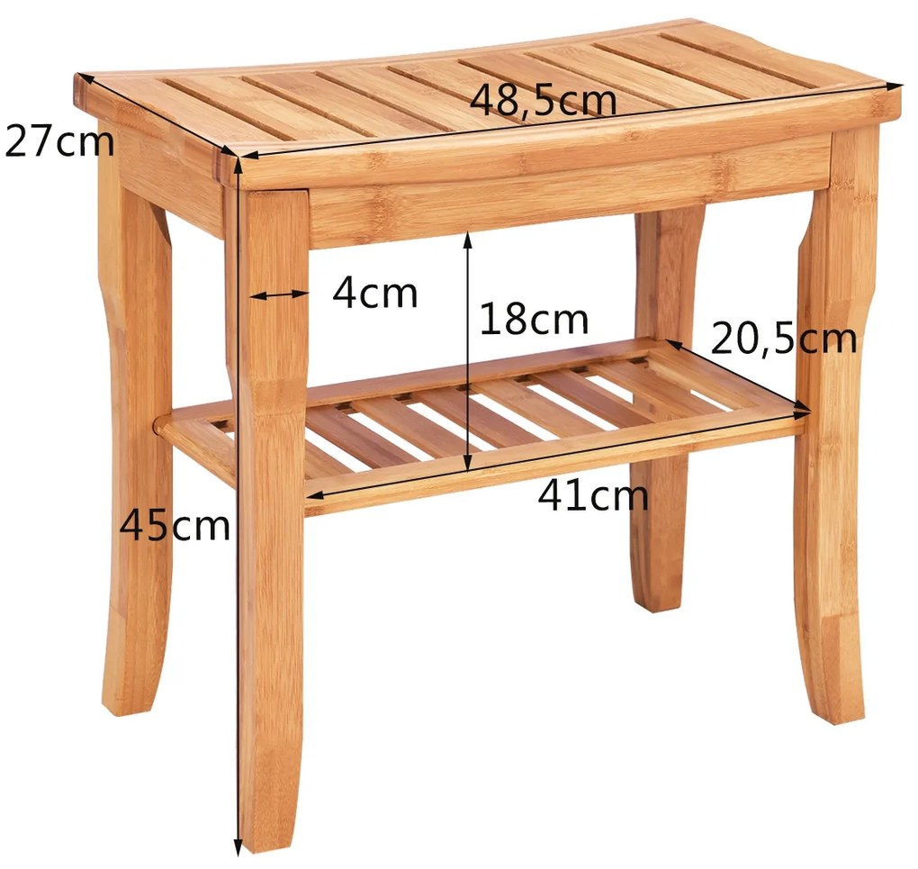 Banco de duche em bambu com Assento de duche e Pés antiderrapantes 48,5x27x45cm Castanho