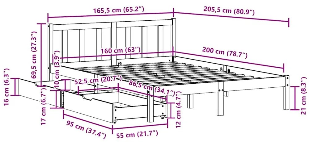Cama sem colchão 160x200 cm madeira pinho maciço castanho-mel