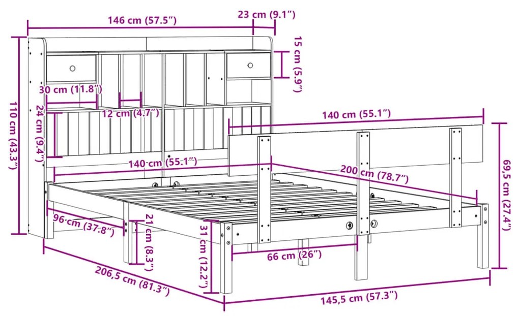 Cama com estante sem colchão 140x200 cm pinho maciço