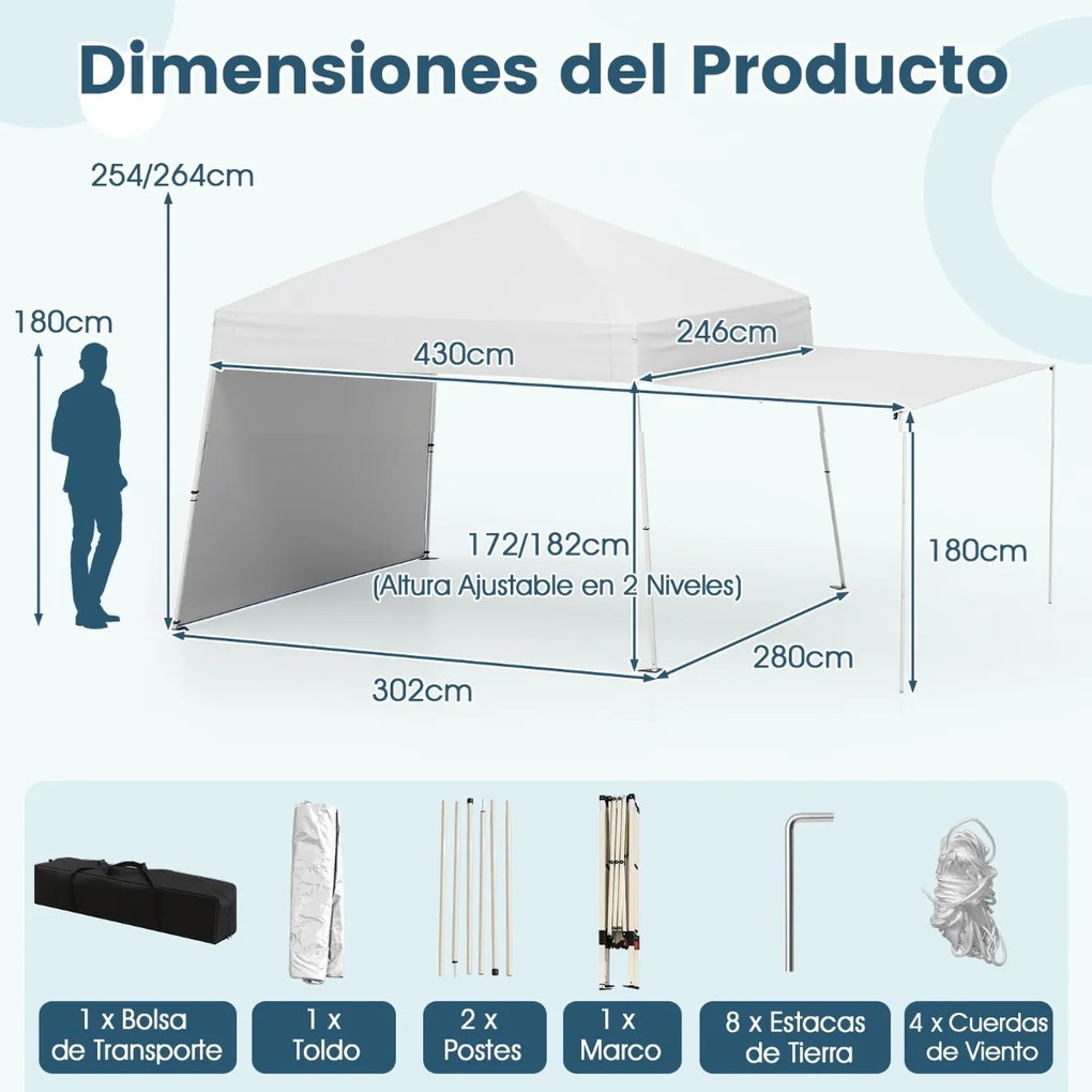 Tenda Pop up, jardim, feiras, eventos 430 x 280 cm (COM TOLDO) com 2 paredes laterais conversíveis, 2 alturas ajustáveis, bolsa de transporte, branca