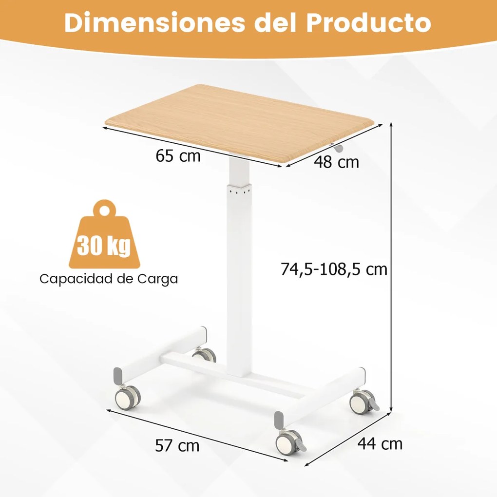 Secretária elevável com pés móveis e altura ajustável, 4 rodas giratórias, base em forma de H para escritório, 65 x 48 x 74,5-108,5 cm, natural