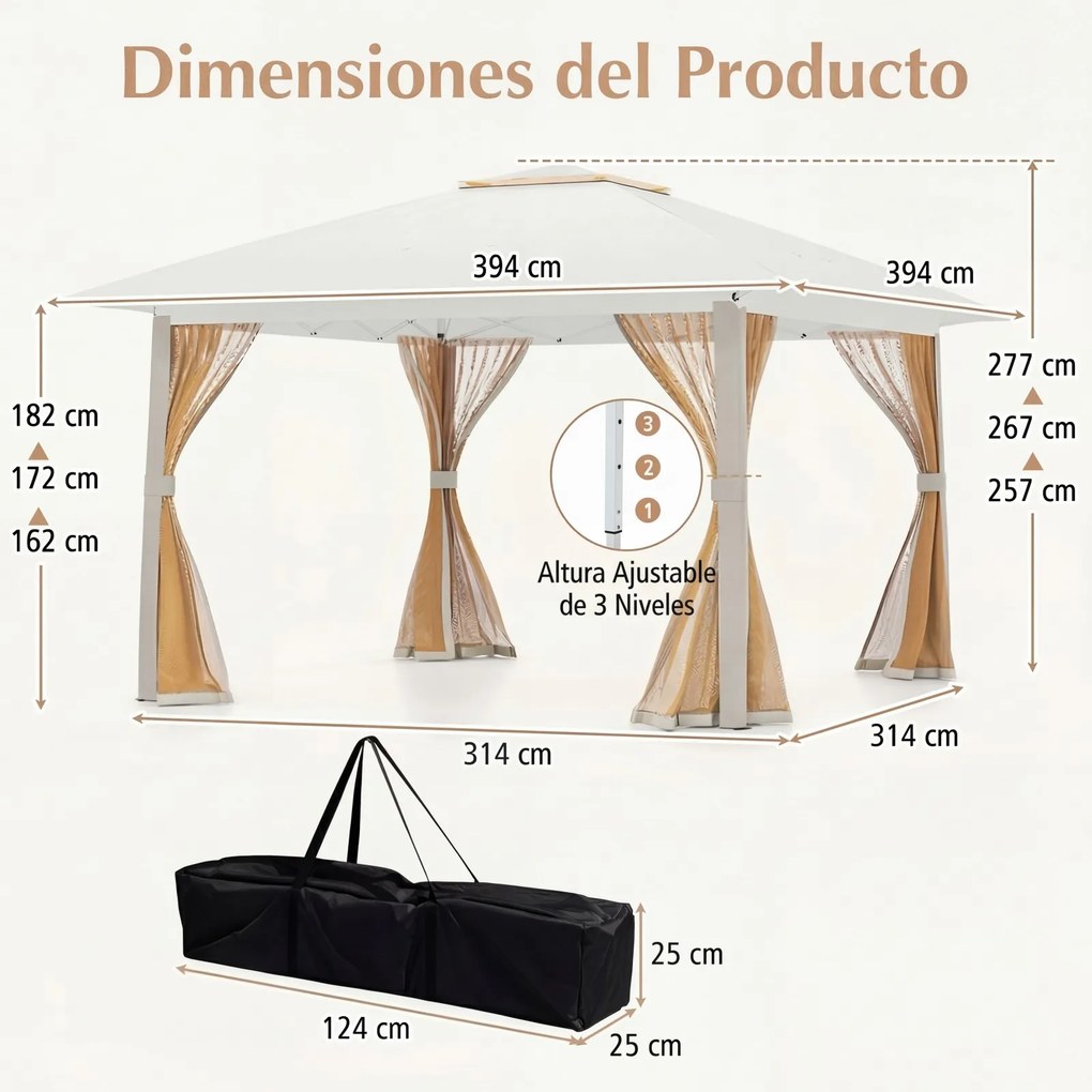 Tenda de Jardim Dobrável, 394 x 394 cm, Cobertura Dupla e Rede, Bege
