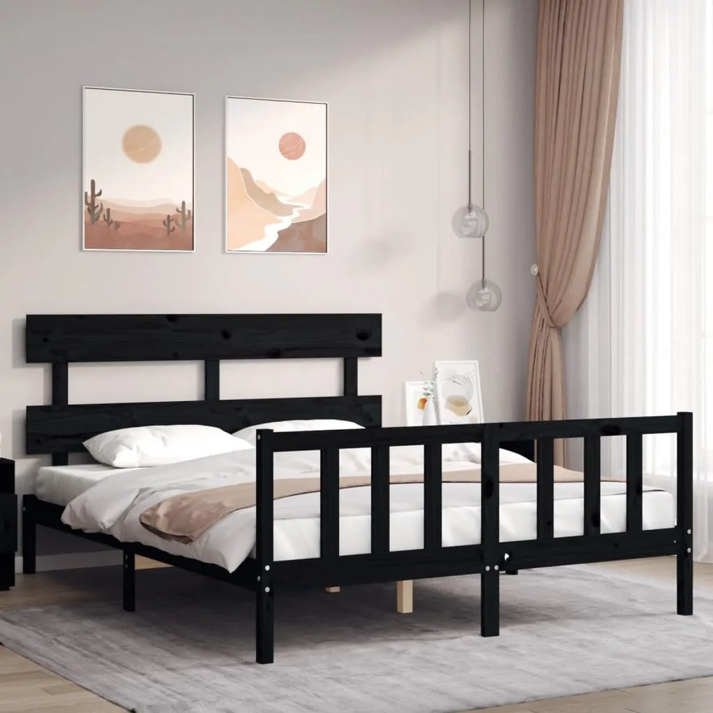 vidaXL Estrutura de cama King Size com cabeceira madeira maciça preto