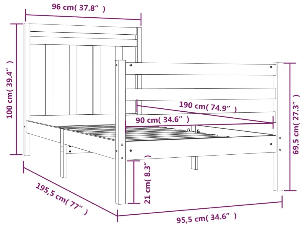 Estrutura de cama solteiro 90x190 cm madeira maciça