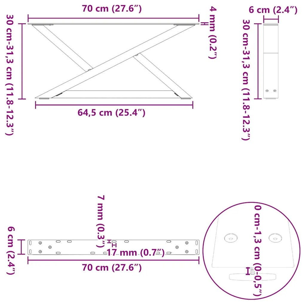 Pés para mesa de centro 2 peças antracite 70x(30-31,3) cm aço