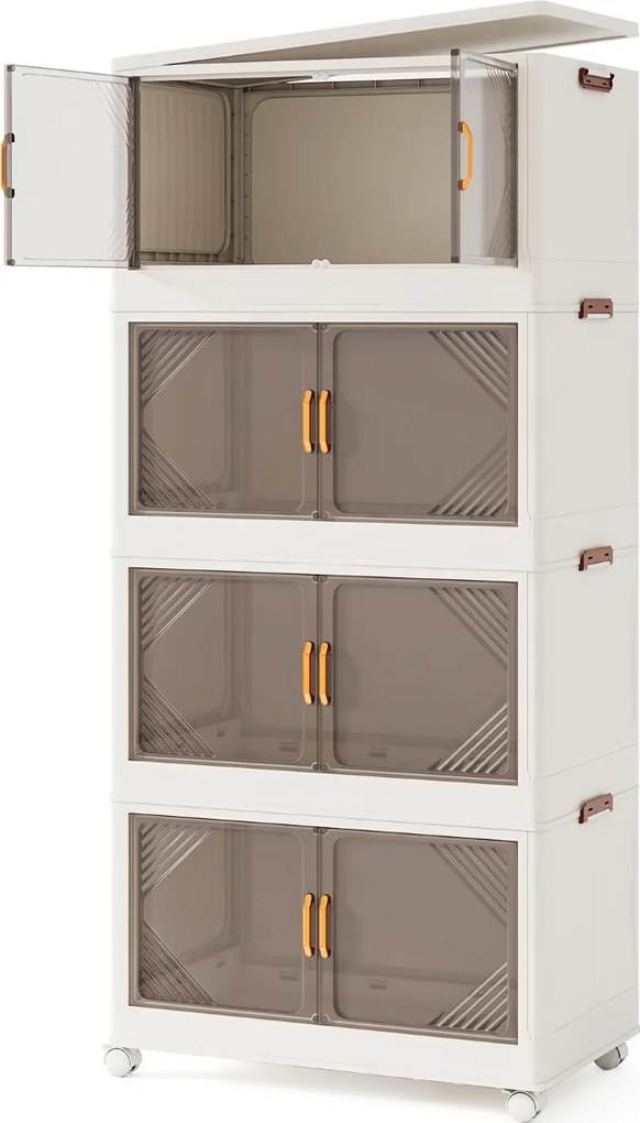 4 Caixas de armazenamento 284 L com tampa empilháveis com rodas e portas Organizador dobrável para quarto Branco