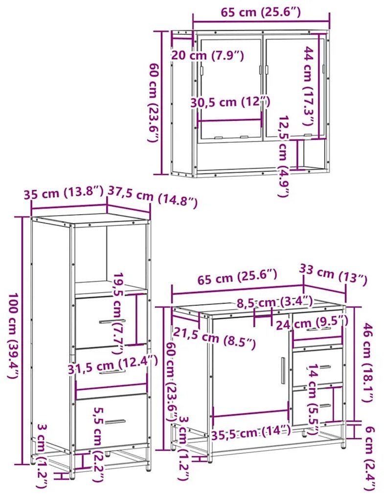 3 pcs Conjunto móveis casa de banho madeira proc. cinza sonoma