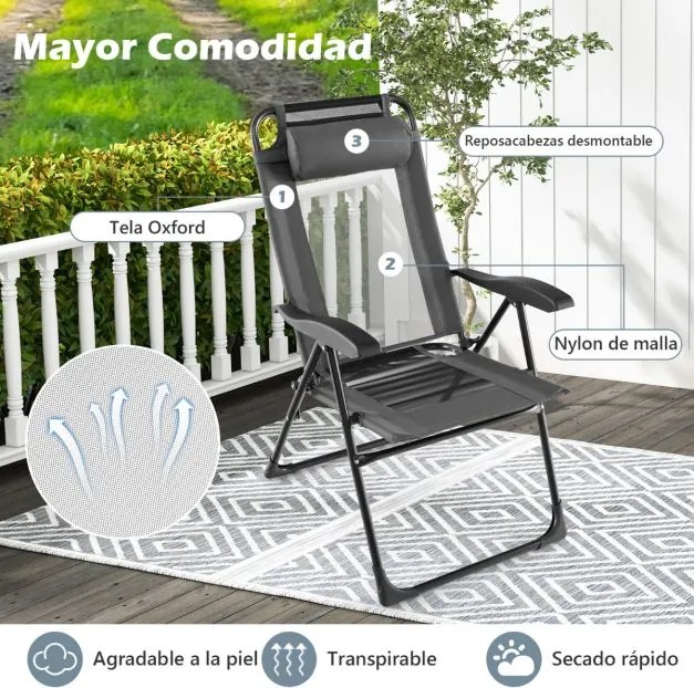 Conjunto de 2 cadeiras de jardim dobráveis para pátio com braços largos, encosto de 7 níveis, assento respirável e estrutura metálica cinzenta
