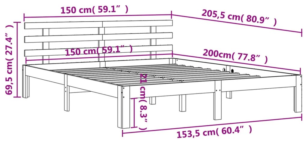 Estrutura cama c/ cabeceira 150x200cm pinho maciço castanho-mel