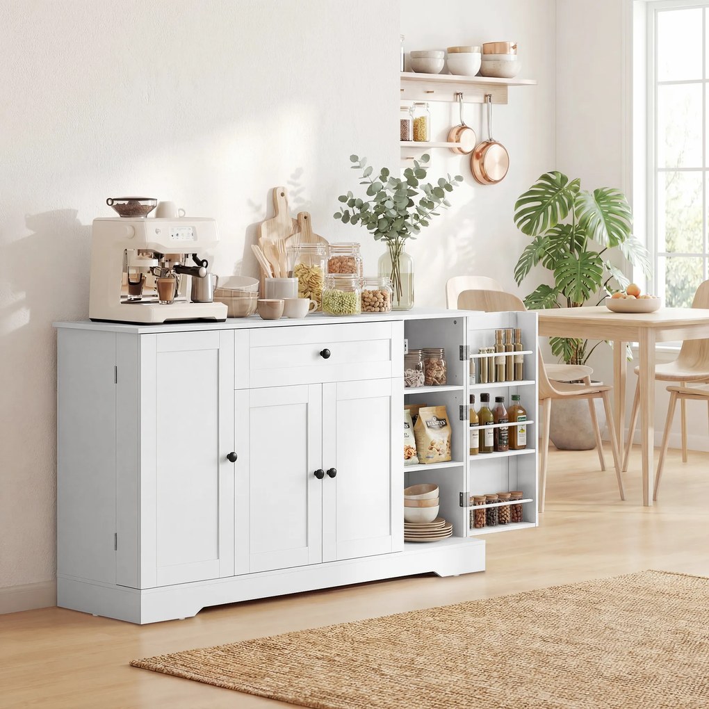 Armário de cozinha 140 x 40 x 80 cm, com gaveta, 4 portas com fecho suave, suportes para copos e prateleiras ajustáveis, branco