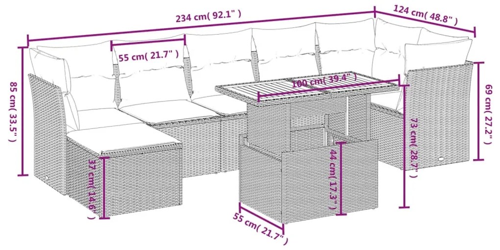 8 pcs conjunto de sofás p/ jardim com almofadões vime PE bege