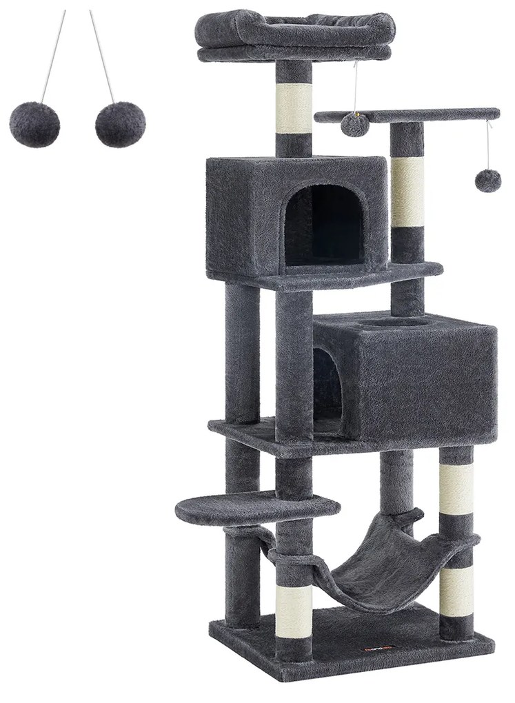 Arranhador para gatos com 2 plataformas e 2 cavernas 49 x 40 x 155 cm cinzento escuro