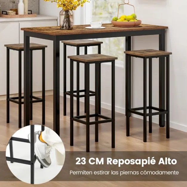 Conjunto de 4 bancos de bar sem encosto em altura de balcão com pernas de metal e apoio para os pés para cozinha Estilo industrial castanho