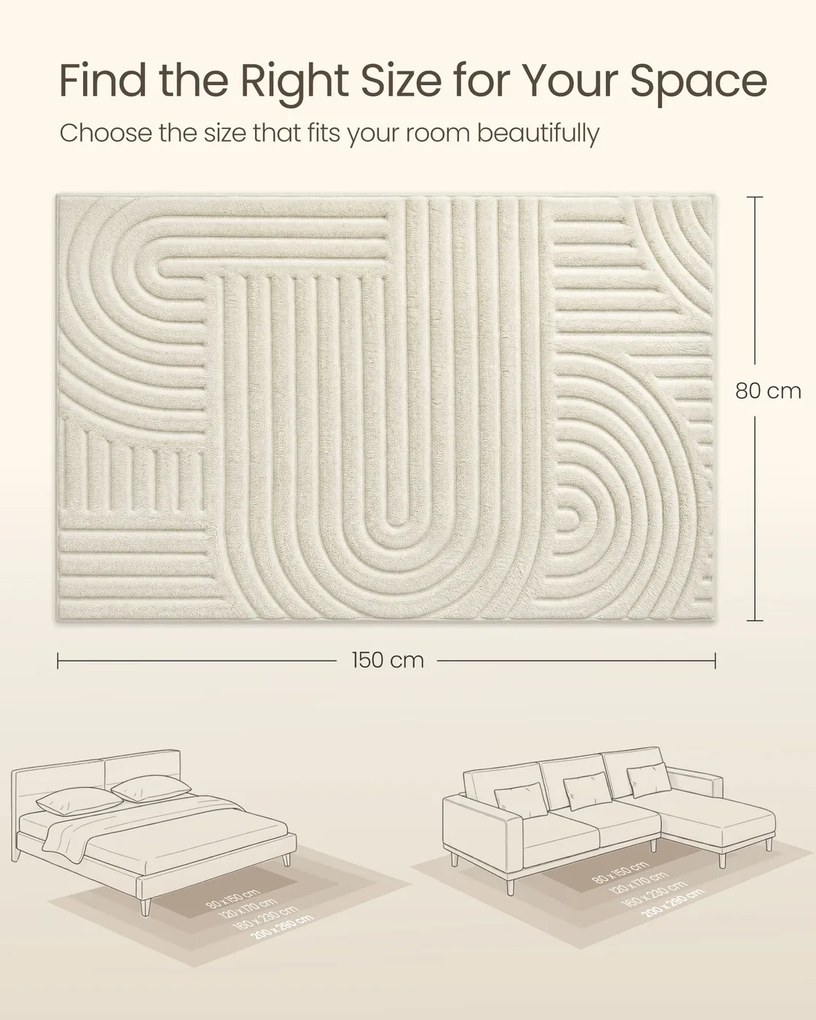 Tapete sala, quarto 3D 150 x 80 cm, lavável na máquina, antiderrapante branco creme