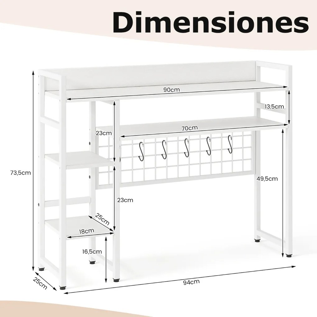Estante de secretária sobre mesa com 4 níveis e compartimento aberto na parte traseira, 6 ganchos  94 x 25 x 73,5 cm branca