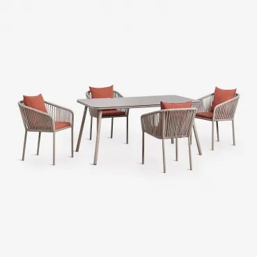 Conjunto De Mesa Retangular 160x90 Cm E 4 Cadeiras De Jantar Em Corda Trançada Arhiza Classic Castanho Moka - Terracota - Sklum
