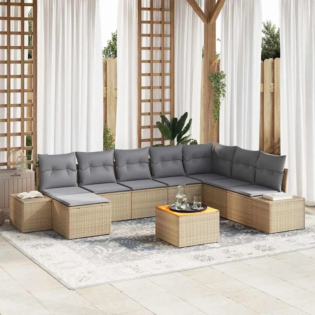 vidaXL Conjunto de Sofá de Jardim 9 Peças com Almofadas Bege em Polyrattan e Acácia