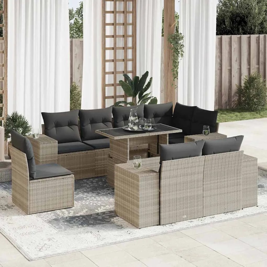 9 pcs conj. sofás jardim com almofadões vime PE cinzento-claro