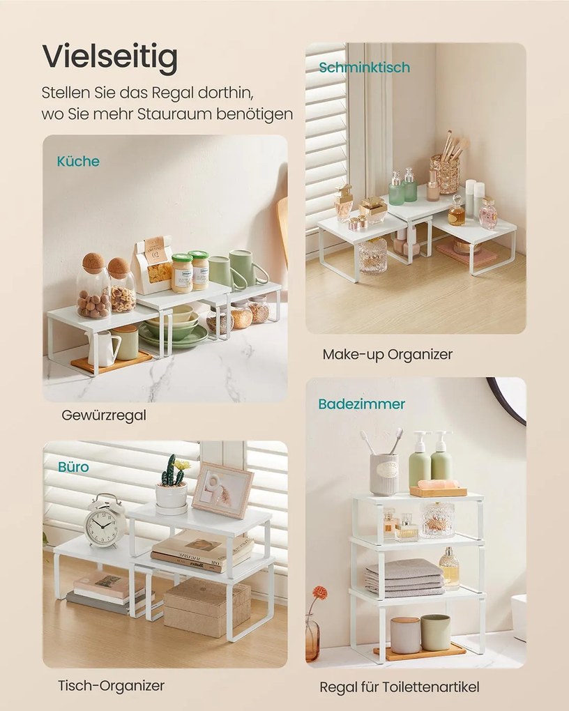 Conjunto de 3 prateleiras cozinha para especiarias empilháveis e expansíveis, branco