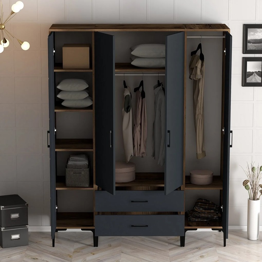 Roupeiro Kumsal STP – Nogueira e Antracite – 160x47,5x201,4 cm