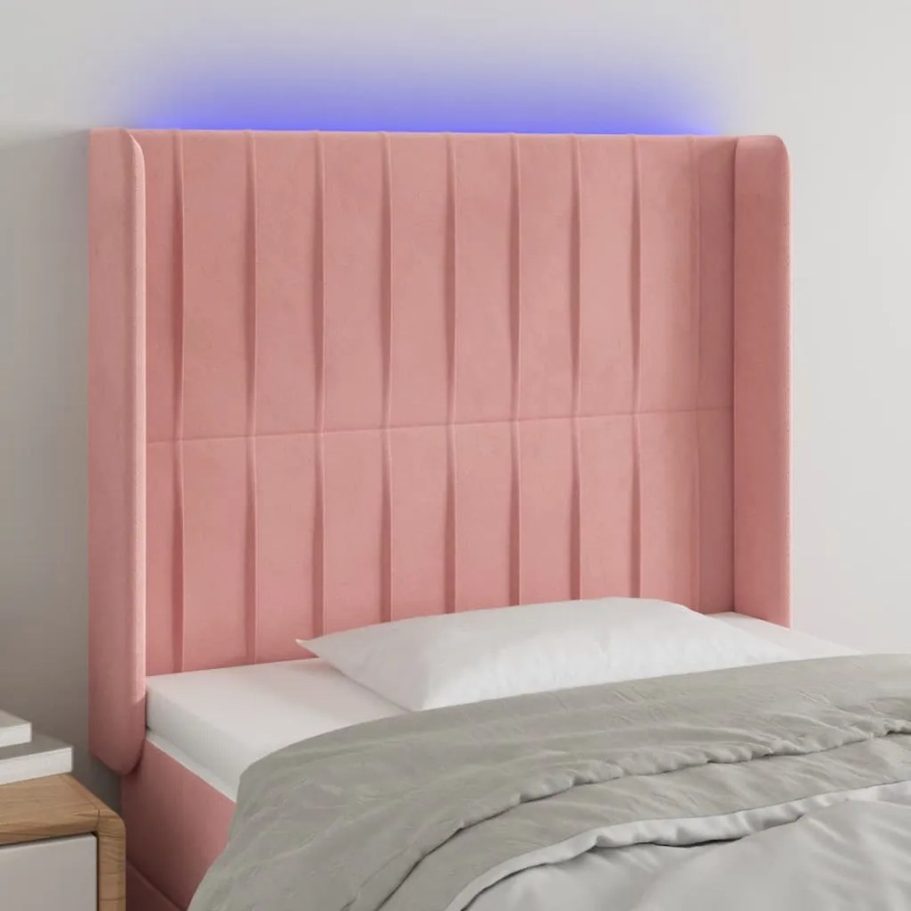 Cabeceira de cama c/ luzes LED veludo 93x16x118/128 cm rosa