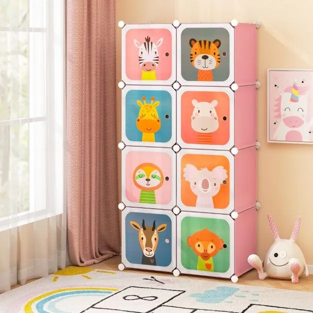Armário infantil portátil para bebés 75 x 37 x 145 cm Plastico com 8 cubos e secção para pendurar roupas rosa