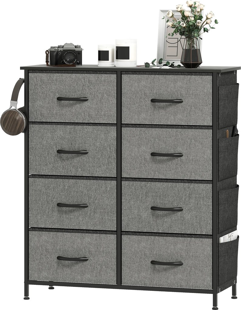 Cómoda de Arrumação, 86 x 30 x 94,5 cm, 8 Gavetas em Tecido, Cinzenta