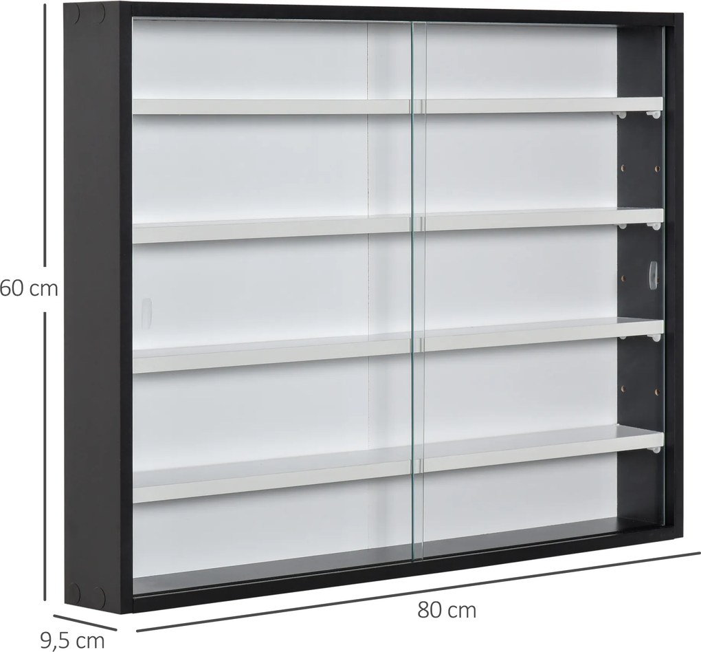 Vitrine de Parede de Madeira com Prateleiras Ajustáveis e 2 Portas Corredeiras de Vidro para Coleções Perfumes Bonecos de Decoração 80x9,5x60cm Preto