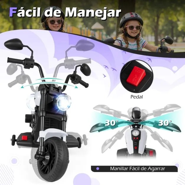 Mota elétrica infantil de 6 V com farol LED, música, 2 rodas, pedais de treino e espelhos retrovisores – a partir dos 18 meses – Preto + Branco